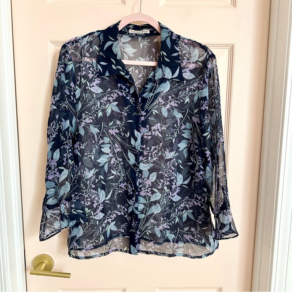 Blue floral sheer notations button up